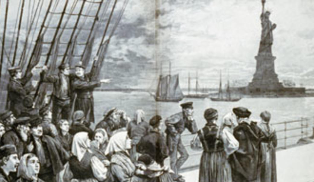 A drawing of immigrants arriving at the Statue of Liberty