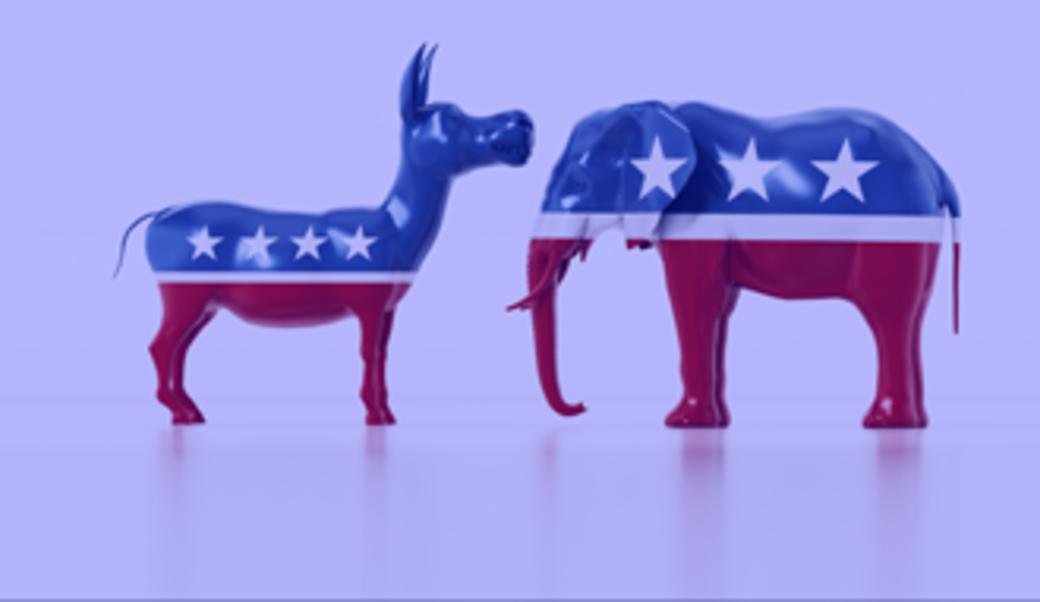 Donkey and elephant with red white and blue overlay