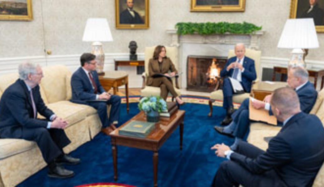 President Joe Biden and Vice President Kamala Harris meet with congressional leadership to discuss the bipartisan supplement agreement for foreign aid and legislation to avoid a government shutdown, Tuesday, February 27, 2024, in the Oval Office. (Official White House Photo by Adam Schutlz)