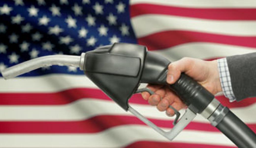 Gas pump in front of flag