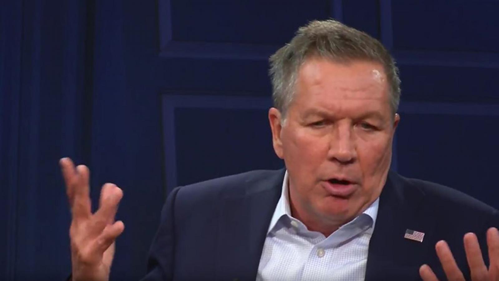 Ohio governor and Republican Party presidential candidate John Kasich takes questions from the American Forum studio audience