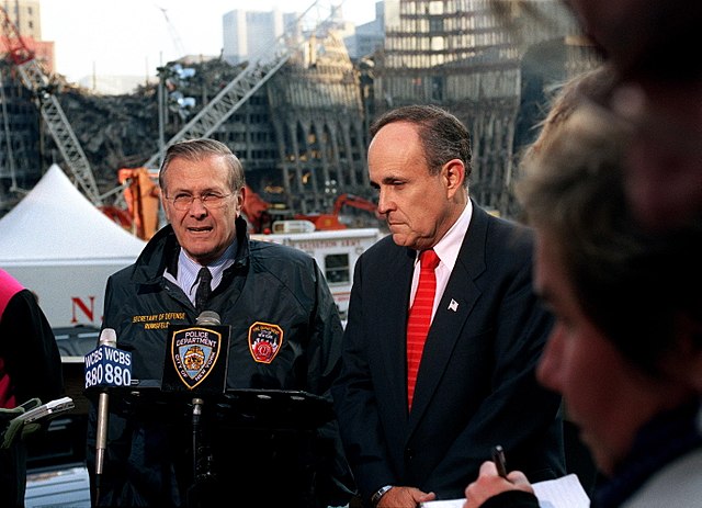 Mayor Giuliani at Ground Zero with Secretary of Defense Donald Rumsfeld