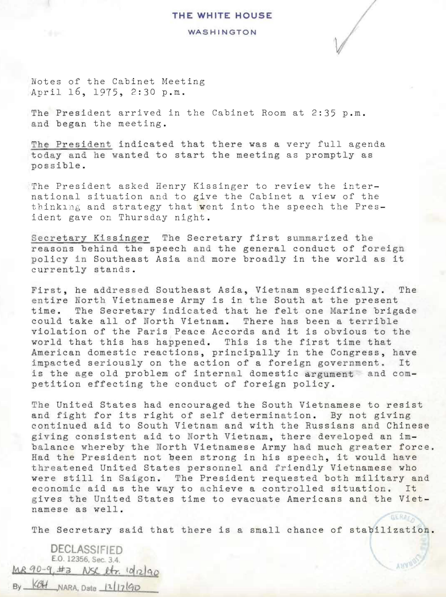 First page of the notes from the cabinet meeting