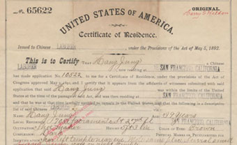 Chinese American Resident certificate from 1892