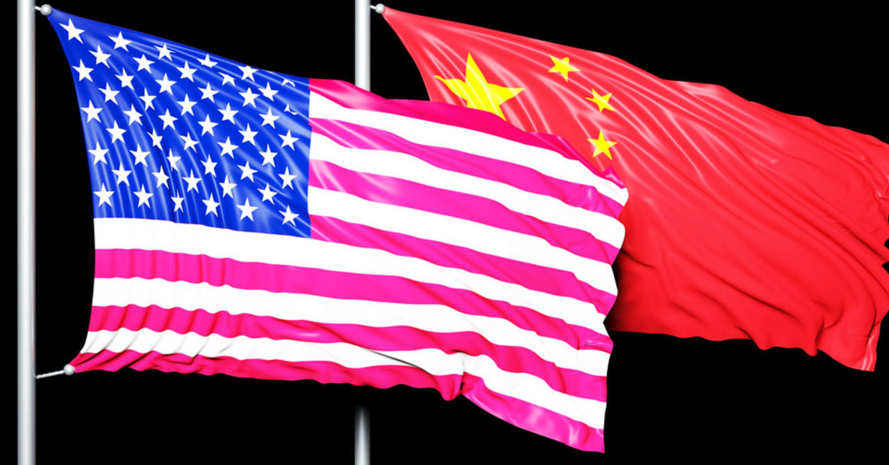 American and Chinese flags, blowing in the wind together