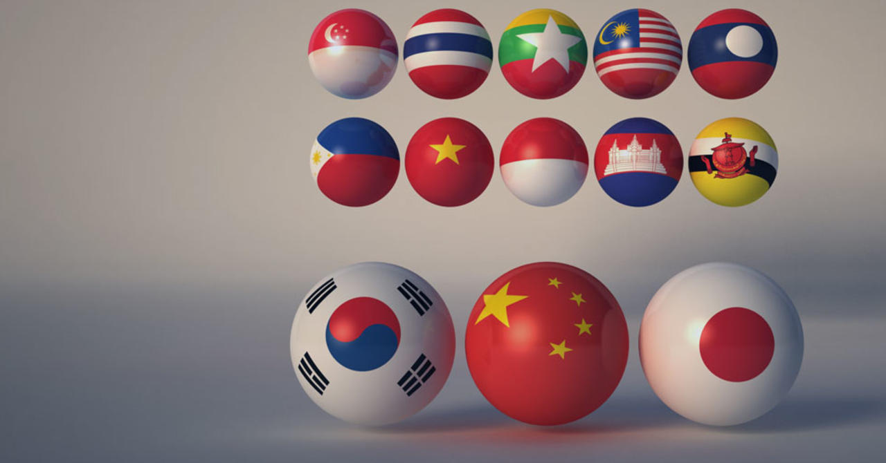Flags from Asia superimposed on balls