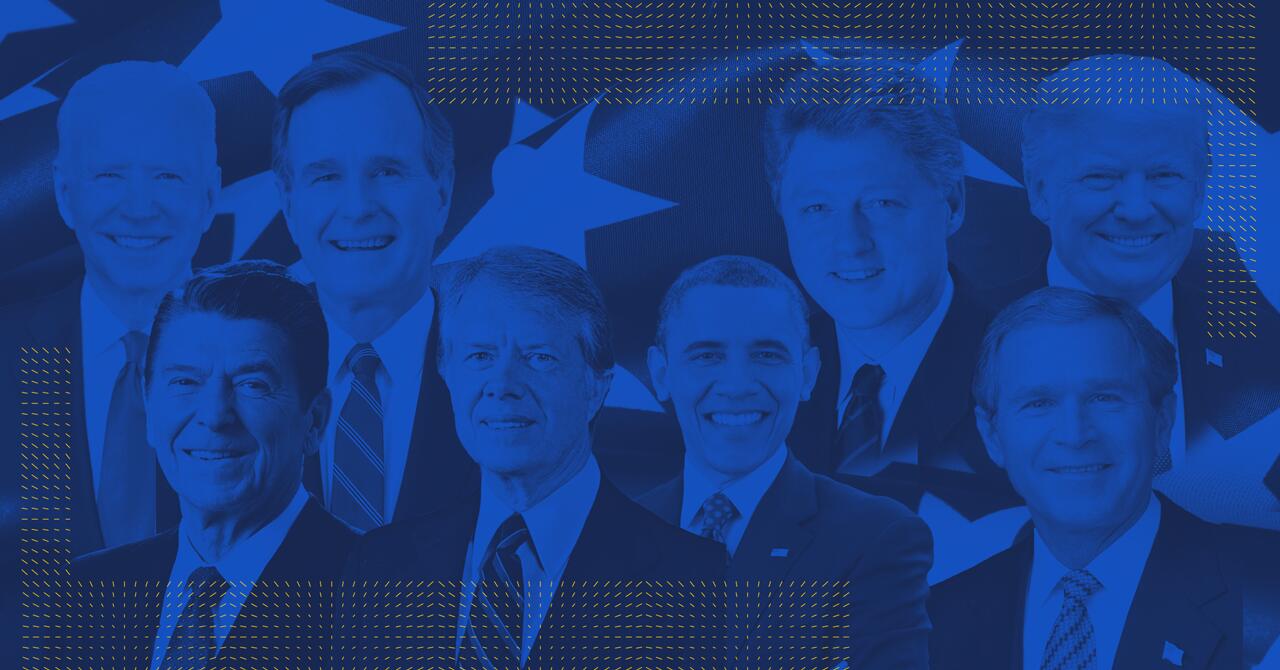 Images of recent American presidents blue background