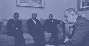 President Lyndon Johnson sits facing three civil rights workers on a couch, from left to right, Walter Fauntroy, Ralph Abernathy, Dr. Martin Luther King, Jr.