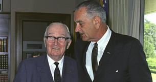 Presidents Harry S. Truman and Lyndon Johnson stand together
