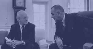 Congressman Mendel Rivers and President Lyndon B. Johnson sit talking to each other