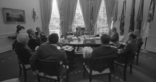 President Ford meets with staff in the Oval Office