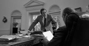 President Ford speaks with Donald Rumsfeld in the Oval Office