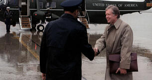 President Jimmy Carter next to helicopter
