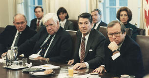 President Reagan meeting with Congress on the invasion of Grenada in the Cabinet Room.