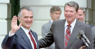 President Ronald Reagan and Mexican president Miguel de la Madrid outside the White House during a visit.