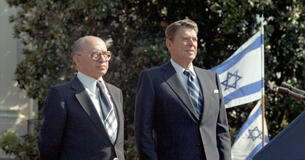 President Ronald Reagan and Israel prime minister Menachem Begin standing on the South Lawn during a state visit.