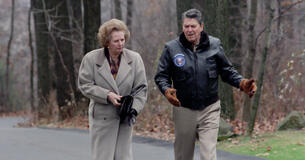 President Ronald Reagan and Prime Minister Margaret Thatcher of Britain walking at Camp David.