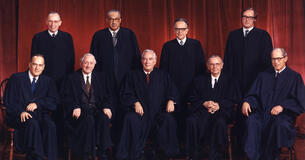The United States Supreme Court in 1973; William H. Rehnquist is standing on the right side of the photo