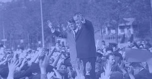 Robert Kennedy and LBJ waving to crowd