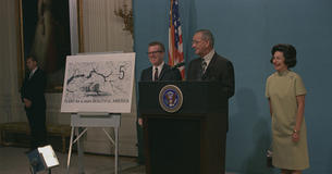 Larry O'Brien, LBJ, and Lady Bird at at the Beautification Stamp unveiling