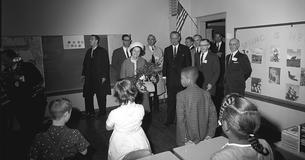 President Johnson and the First Lady meet students at a school in West Virginia during the War on Poverty tour