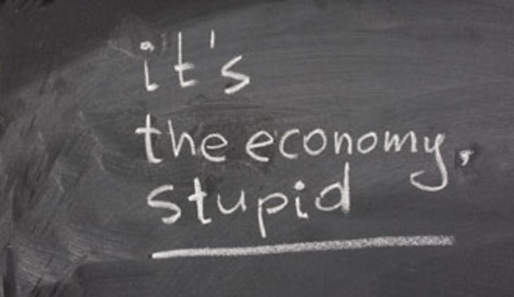 Chalkboard that says "it's the economy, stupid"