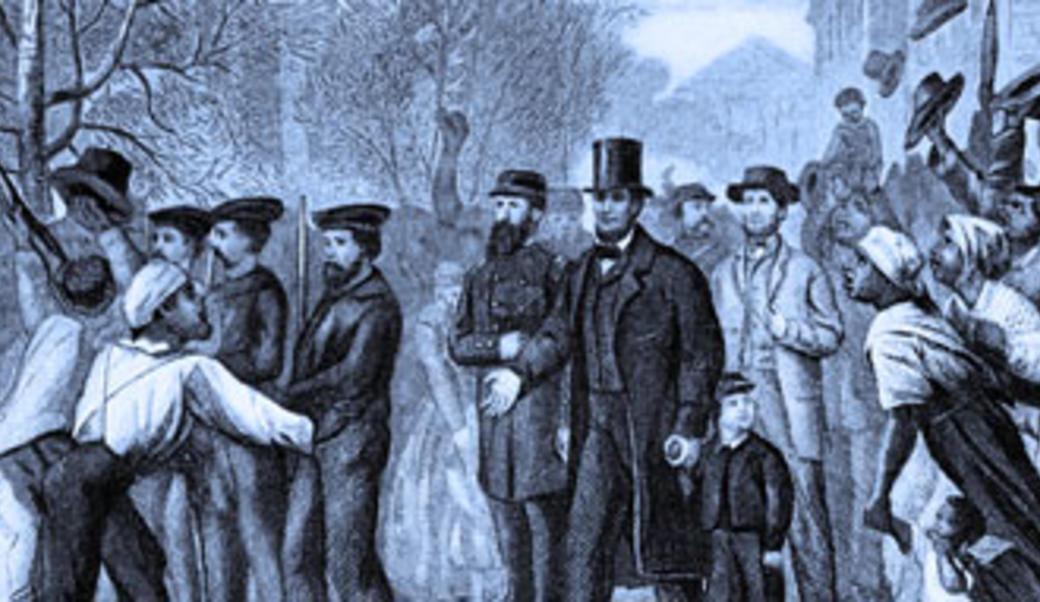 Lithograph: Lincoln enters Richmond with blue tint