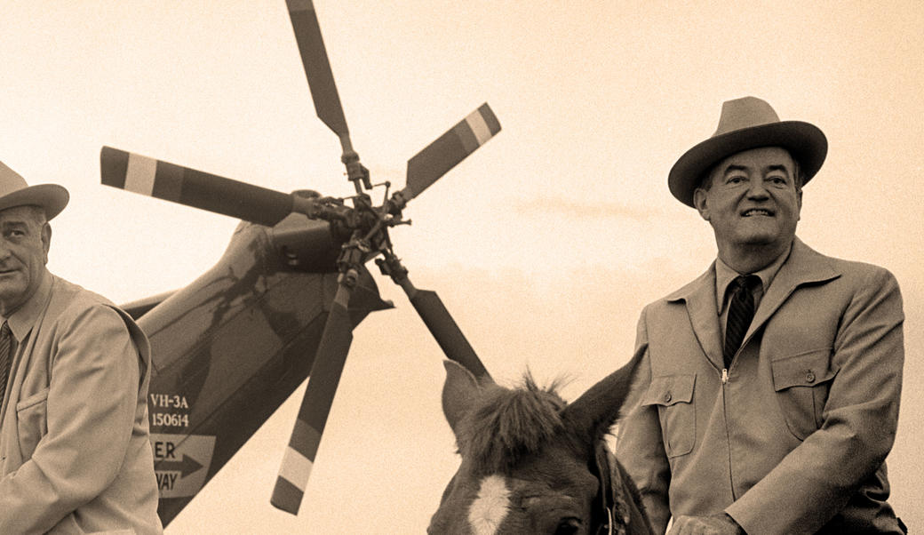Lyndon Johnson and Humbert Humphrey on horseback