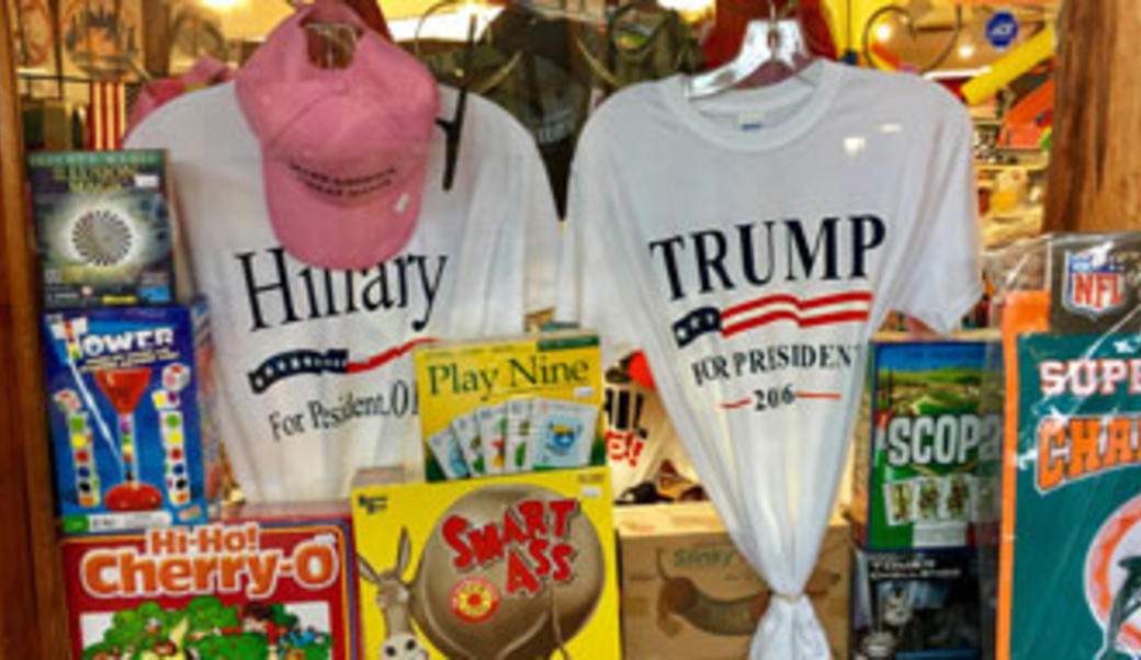 T-shirts in window: one is Trump, one is for Hillary 2016