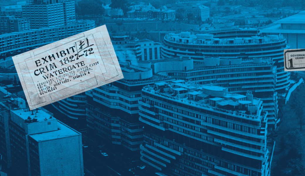 Watergate hotel with trial exhibit label—tinted blue