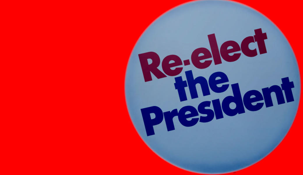 "Re-elect the president" button on red background