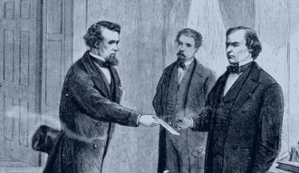 Drawing of Andrew Johnson being handed a letter