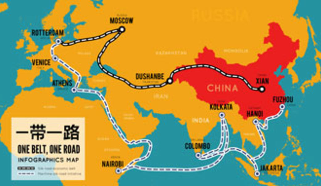 Map of road running from China across Asia