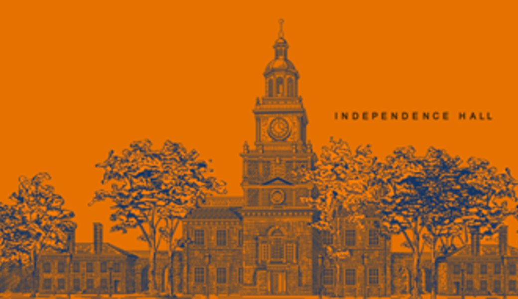 Drawing of independence hall in blue ink on orange background