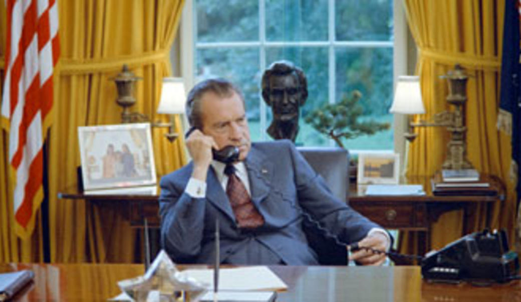 President Nixon in the Oval Office on the phone