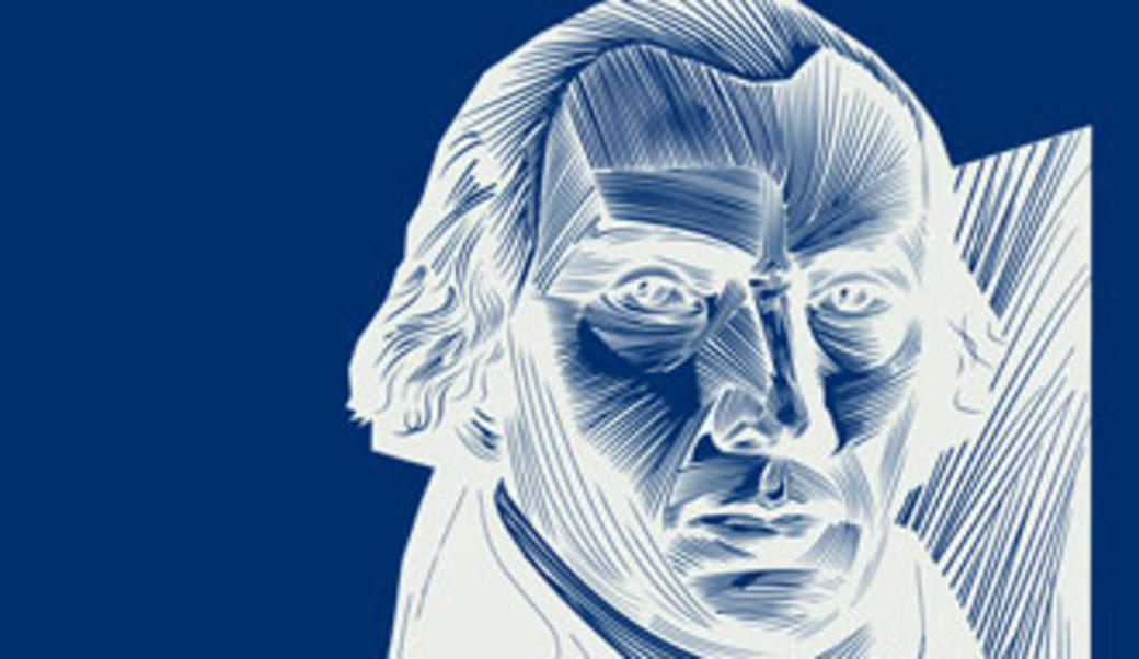 Woodcut-style depiction of James Madison in dark blue