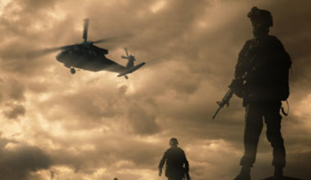 sky scene with soldier and helicopter