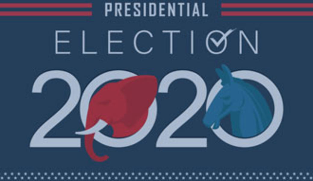 election 202 graphic with red elephant and blue donkey
