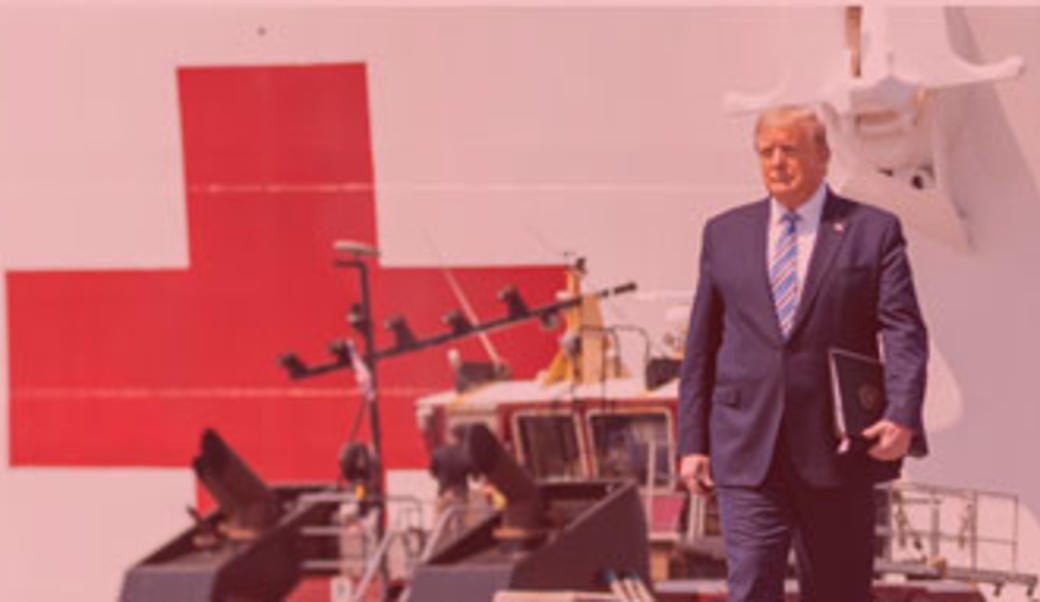Donald Trump in front of ship with red cross