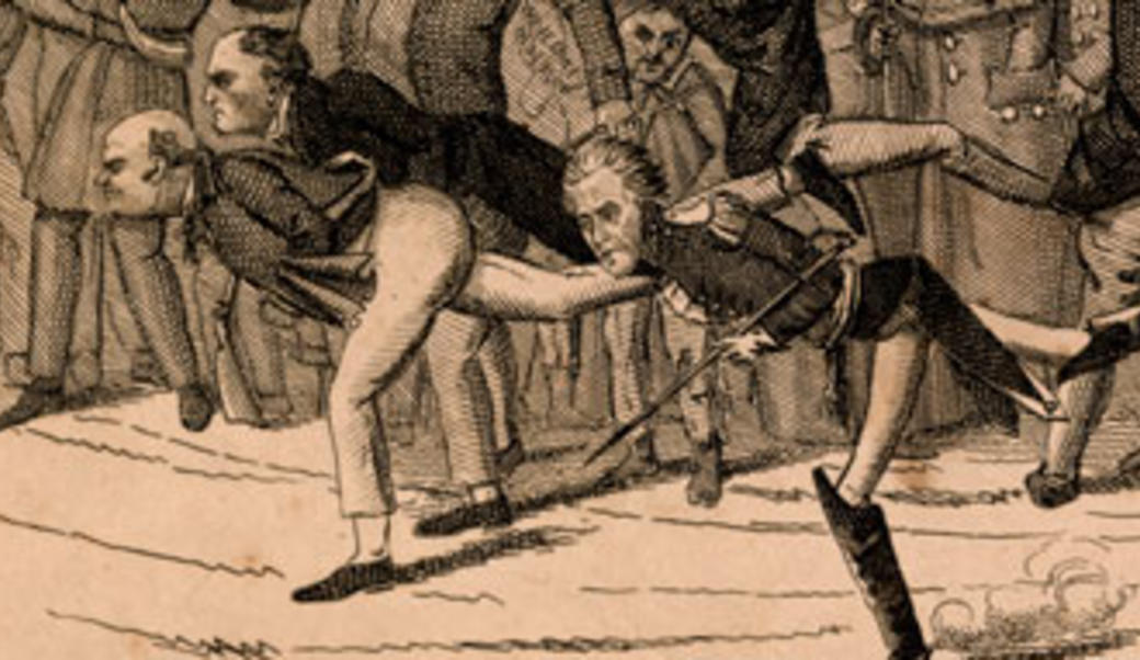 Cartoon of Andrew Jackson, John Adams, and William Crawford in a race