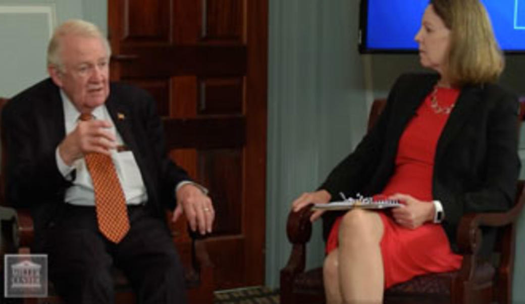Ed Meese and Barbara Perry in conversation at a Miller Center event in 2016 September