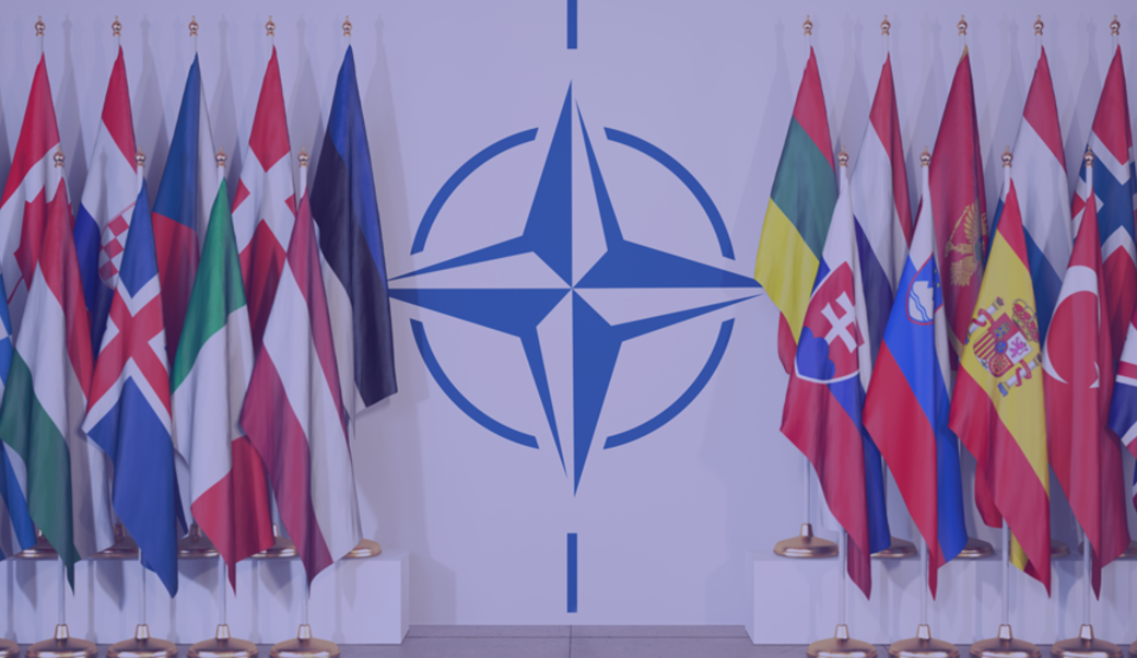 Members of NATO and their flags surround the NATO symbol