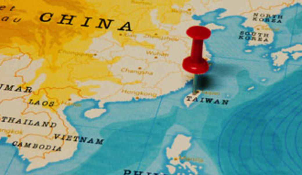 Map of China and Taiwan with push pin in Taiwan