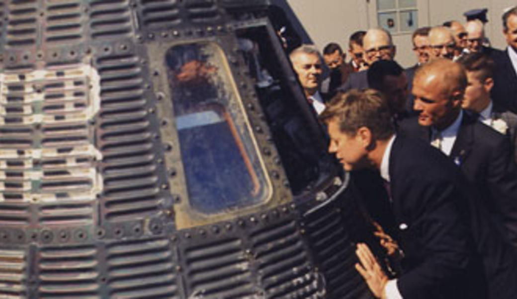 JFK and John Glenn inspect Mercury capsule, Feb. 23, 1962