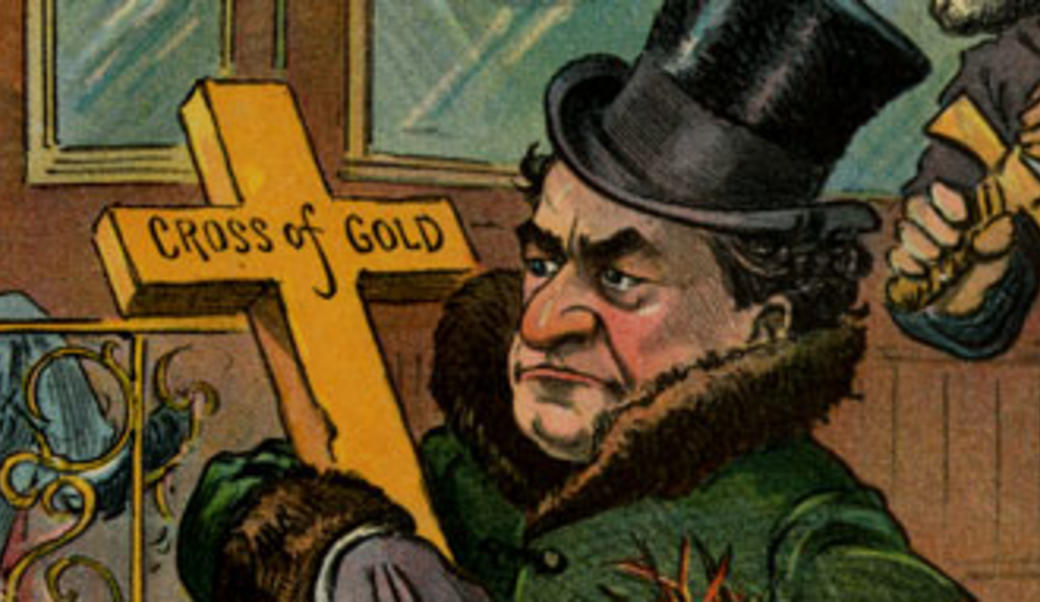 Cartoon of William Jennings Bryan with a cross of gold