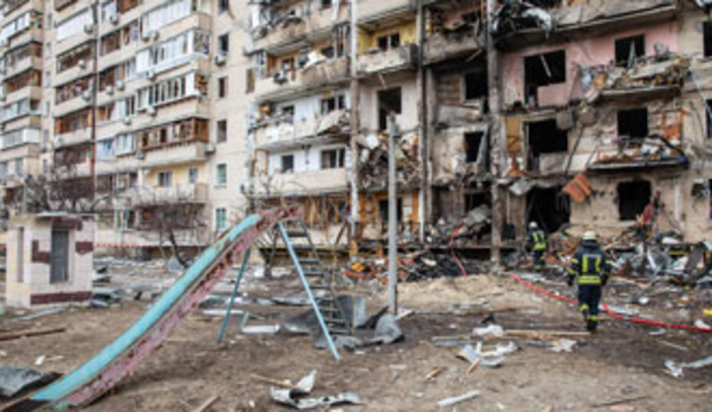 Burned out residential building in Kyiv, February 2022
