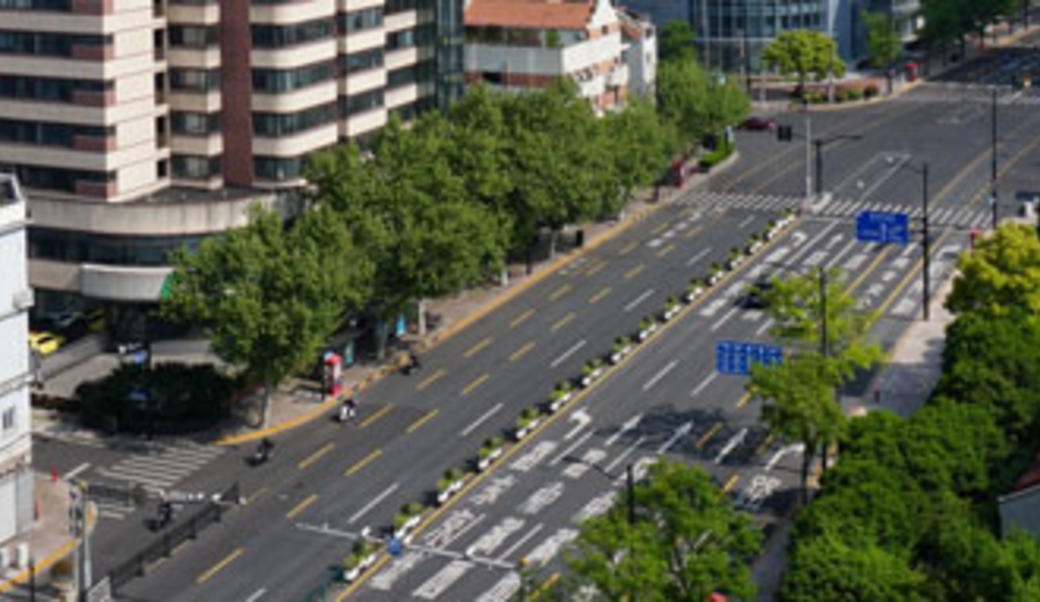 View of the empty Xizang Middle Road and People's Square, one of Shanghai's busiest roads during the lockdown