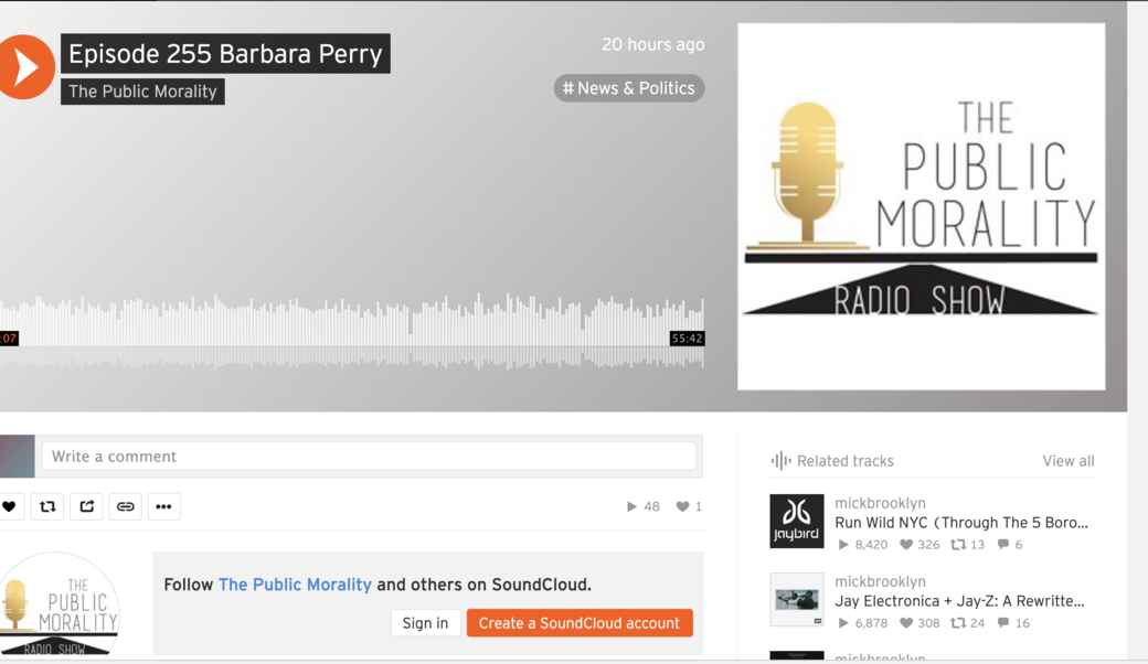 screenshot of landing page for Public Morality radio show episode with Barbara Perry