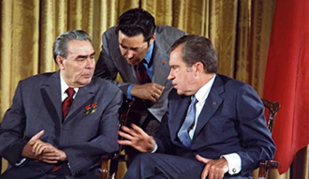 Leonid Brezhnev, Richard Nixon, and translator Viktor Sukhodrev on June 19, 1973.