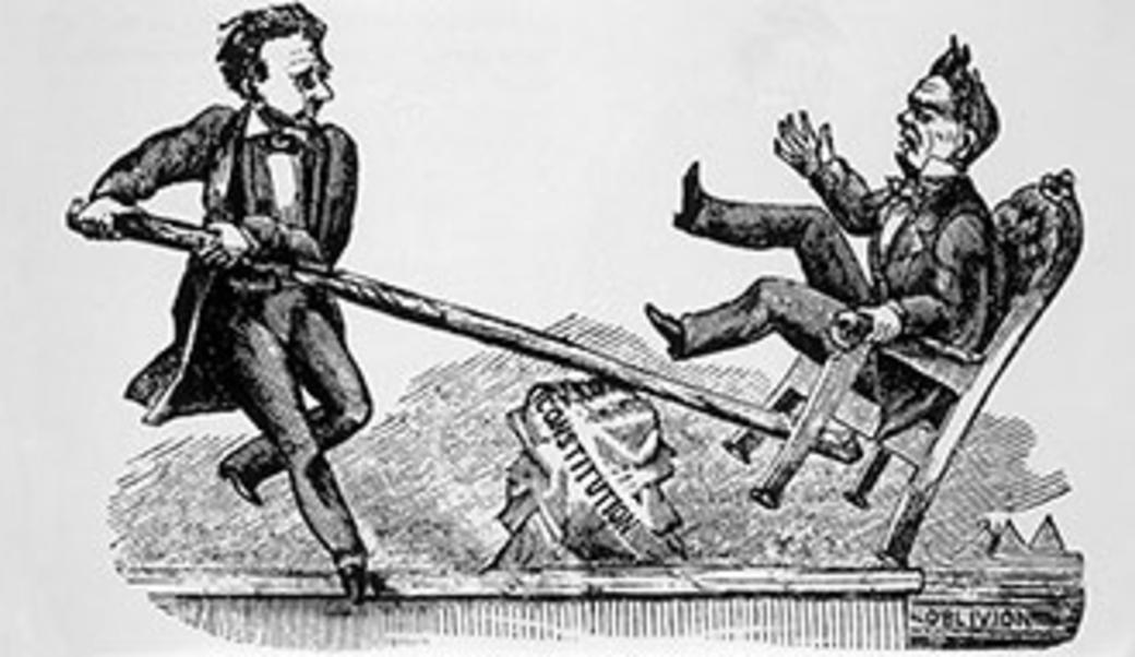 Lincoln unseating Buchanan with a railroad rail, 1860